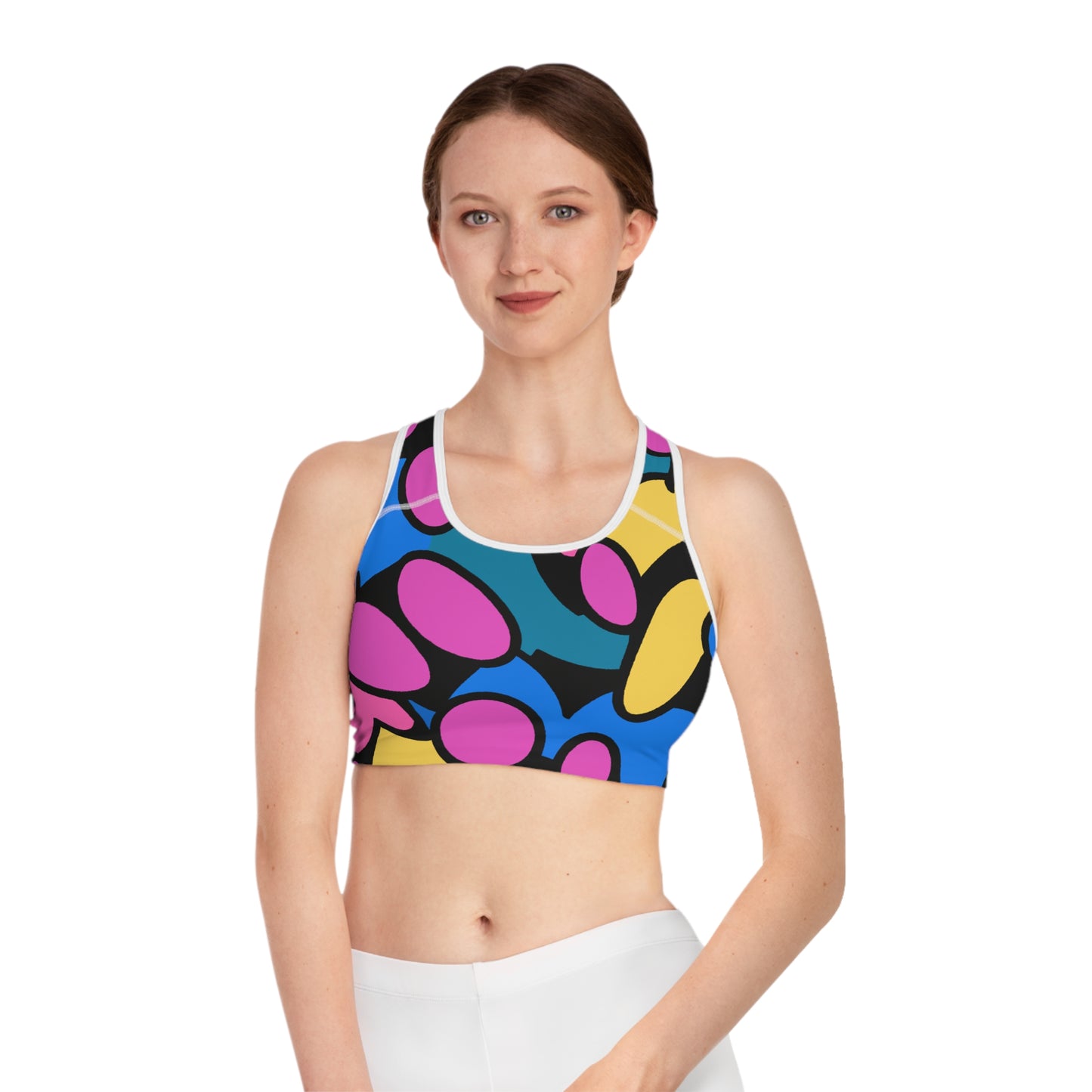 Pink, Blue, Yellow Cartoon Style - AI Art - Sports Bra - Made in USA