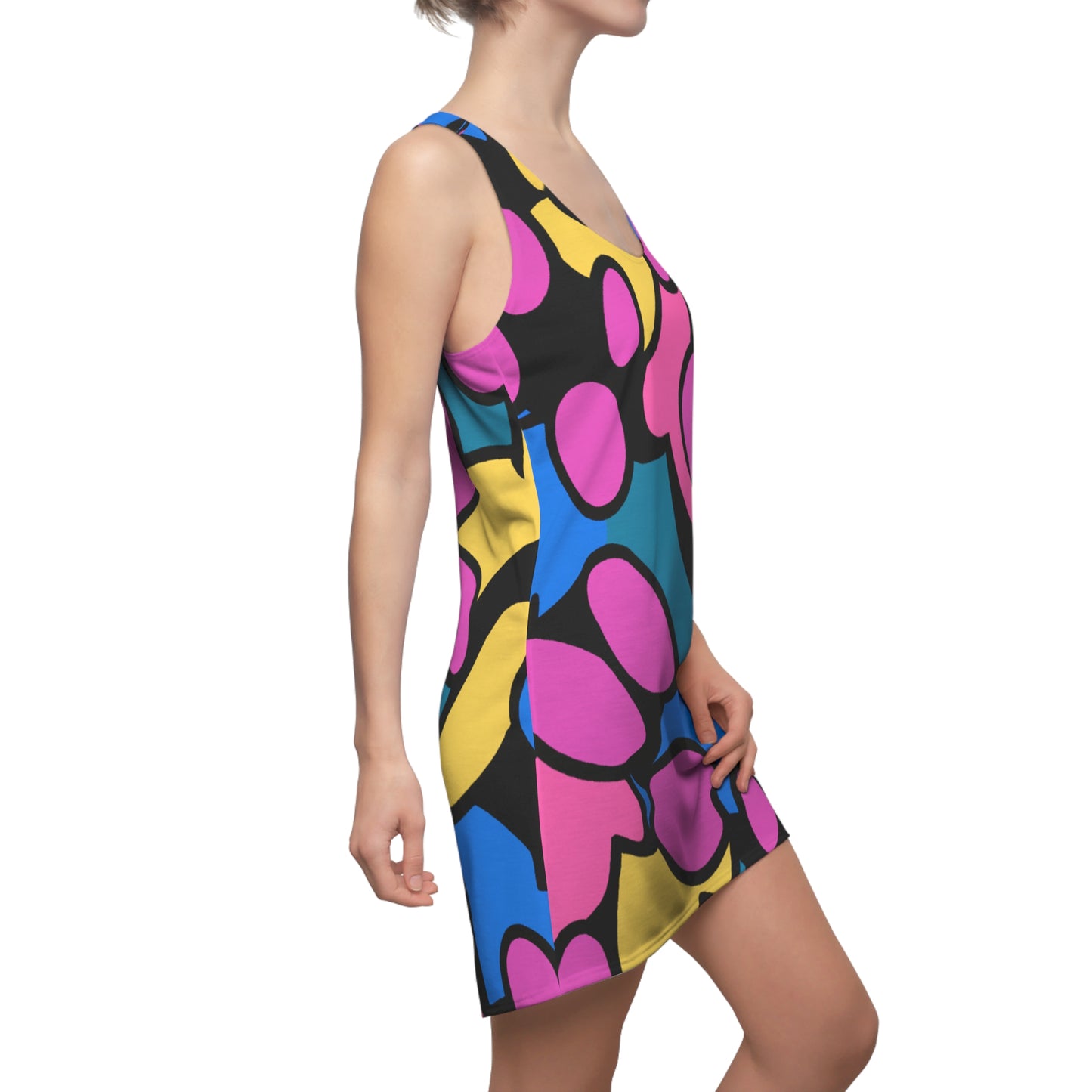 Pink, Blue, Yellow Cartoon Style - AI Art - Women's Cut & Sew Racerback Dress (AOP)