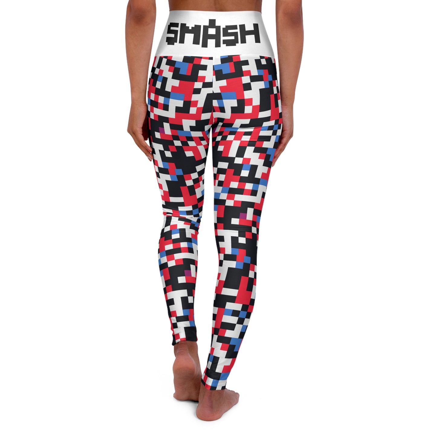 Colorful Pixelation 1 (With 8-bit SMASH Logo) - Yoga Pants - AI Art - High Waisted Yoga Leggings (AOP)