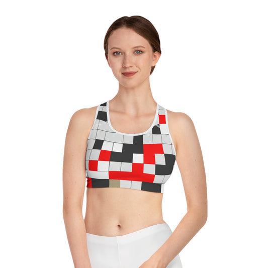 Pixelation (Gray & Red) - AI Art - Sports Bra (AOP)