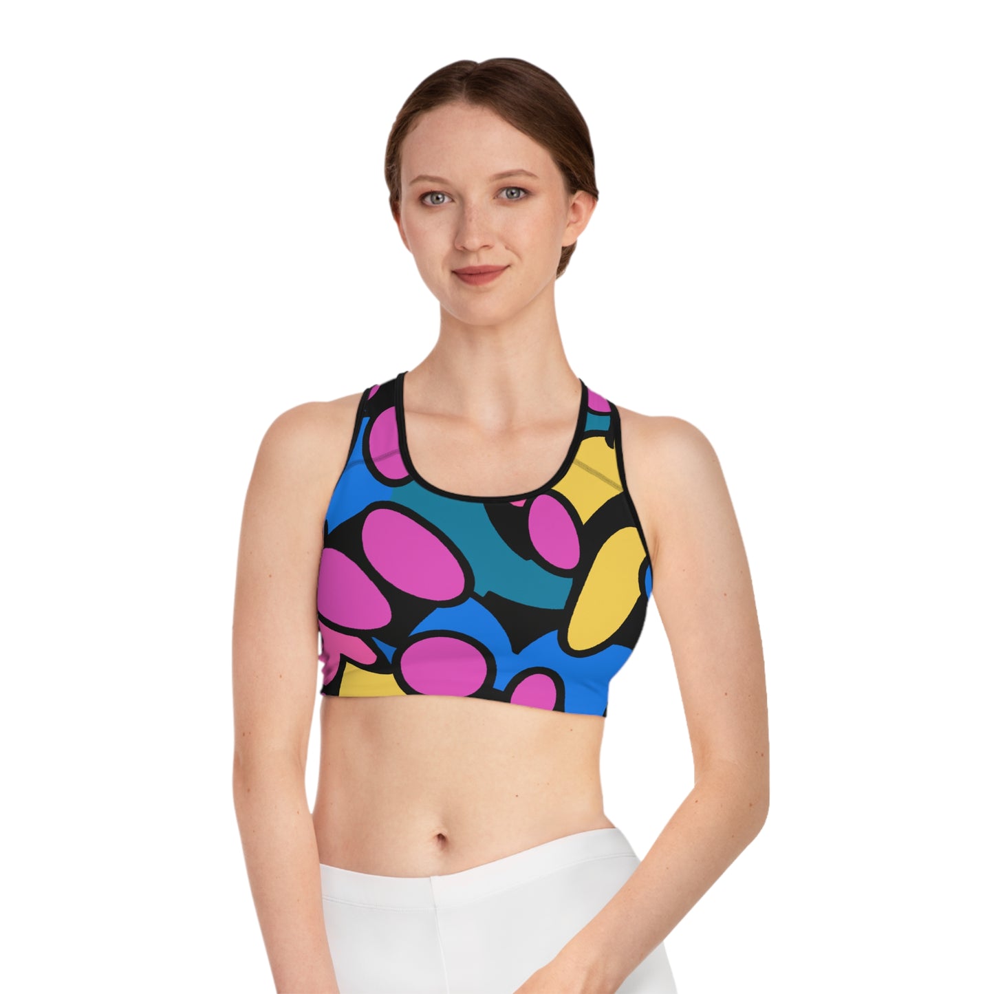 Pink, Blue, Yellow Cartoon Style - AI Art - Sports Bra - Made in USA