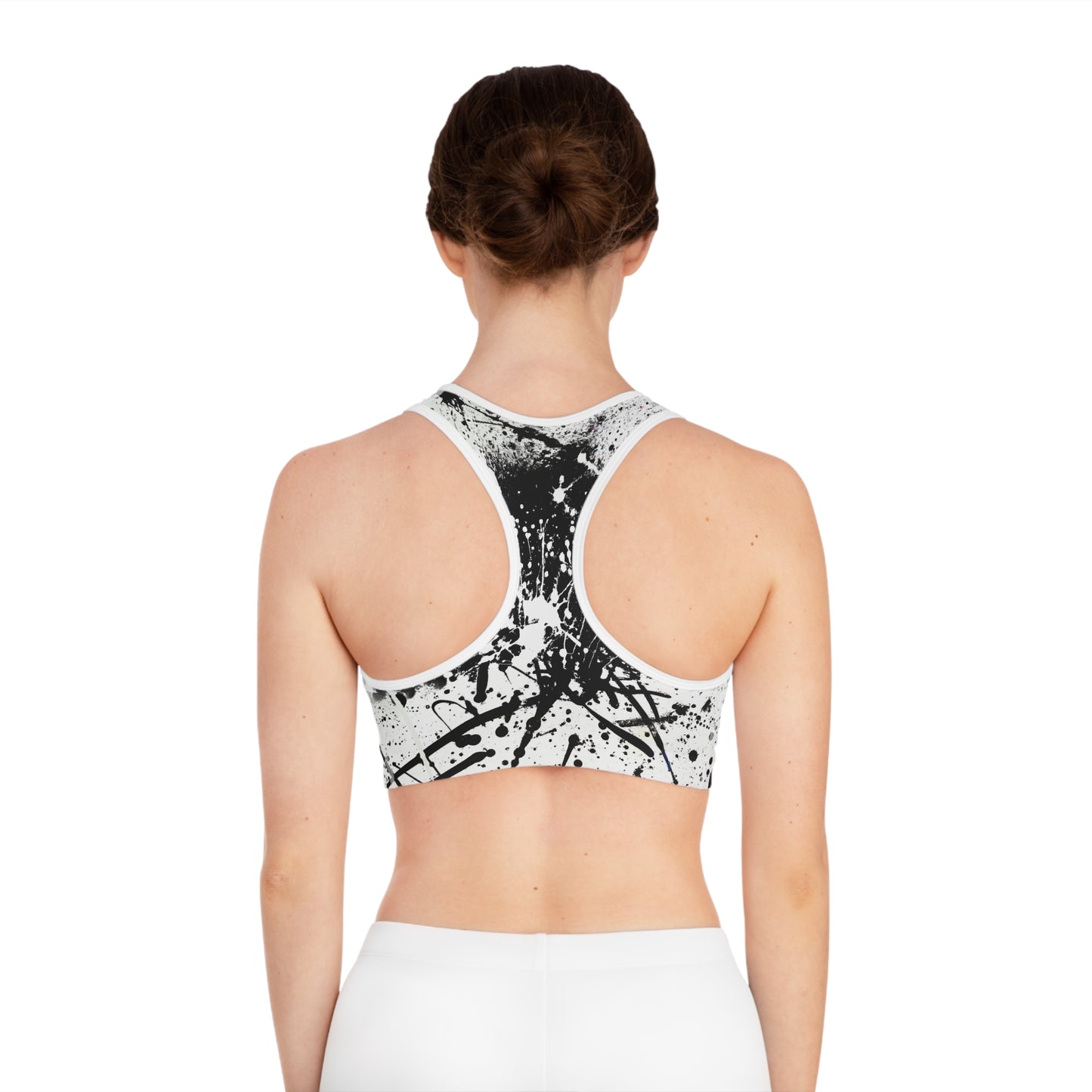 Black & White Paint Splatter 1 - AI Art - Sports Bra