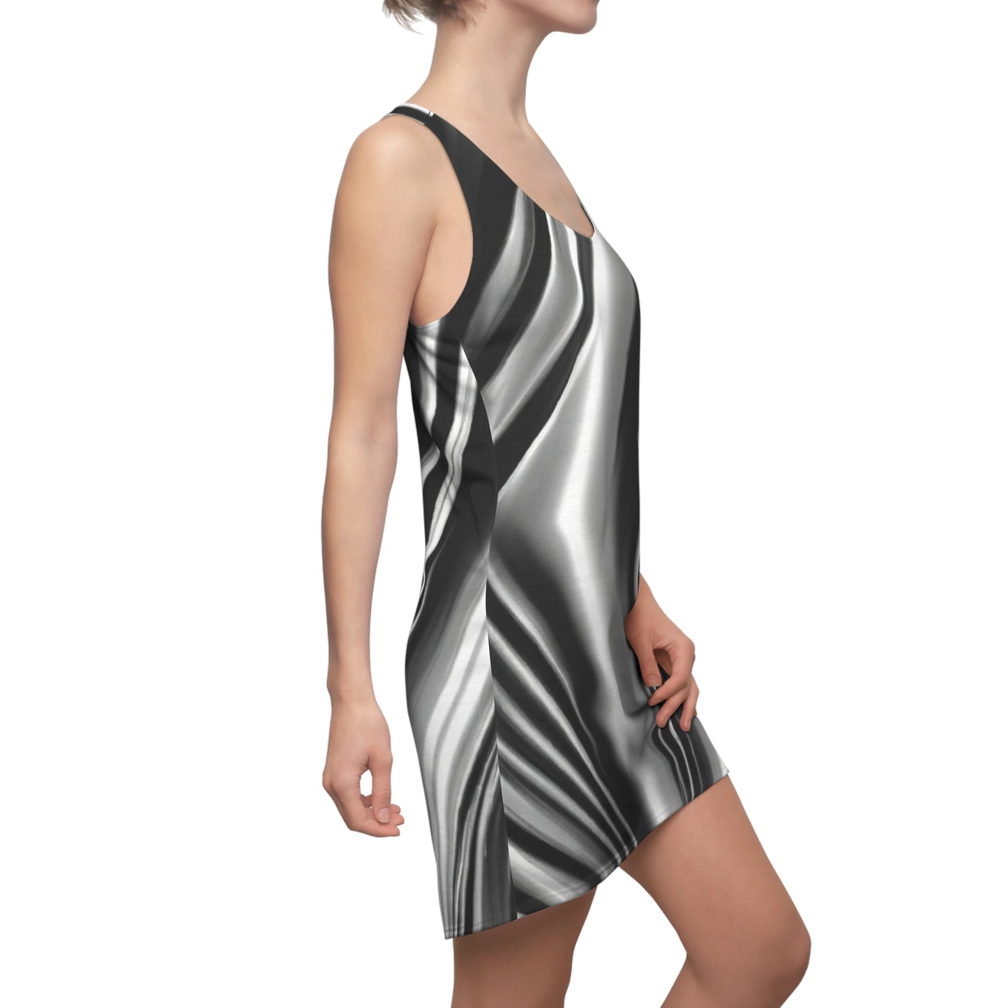 Black & White TV Waves - AI Art - Women's Cut & Sew Racerback Dress