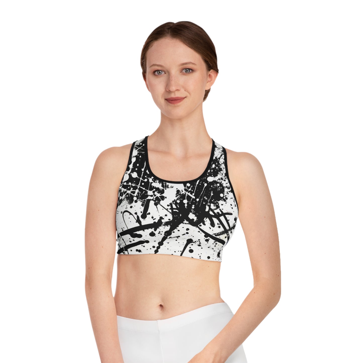 Black & White Paint Splatter 1 - AI Art - Sports Bra