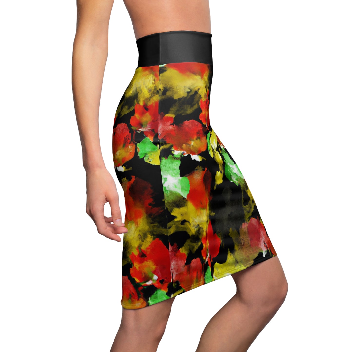 Floral Watercolor Black (RGYB) - AI Art - Women's Pencil Skirt