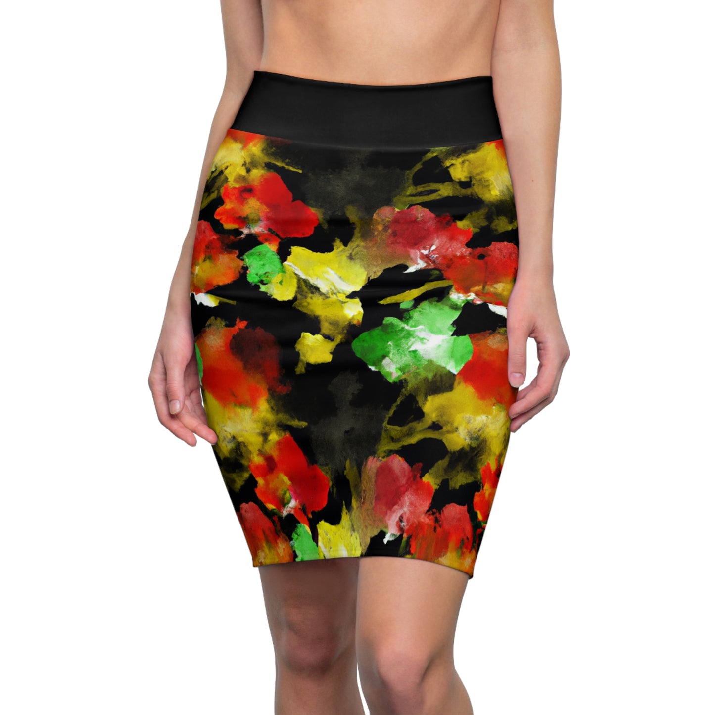 Floral Watercolor Black (RGYB) - AI Art - Women's Pencil Skirt