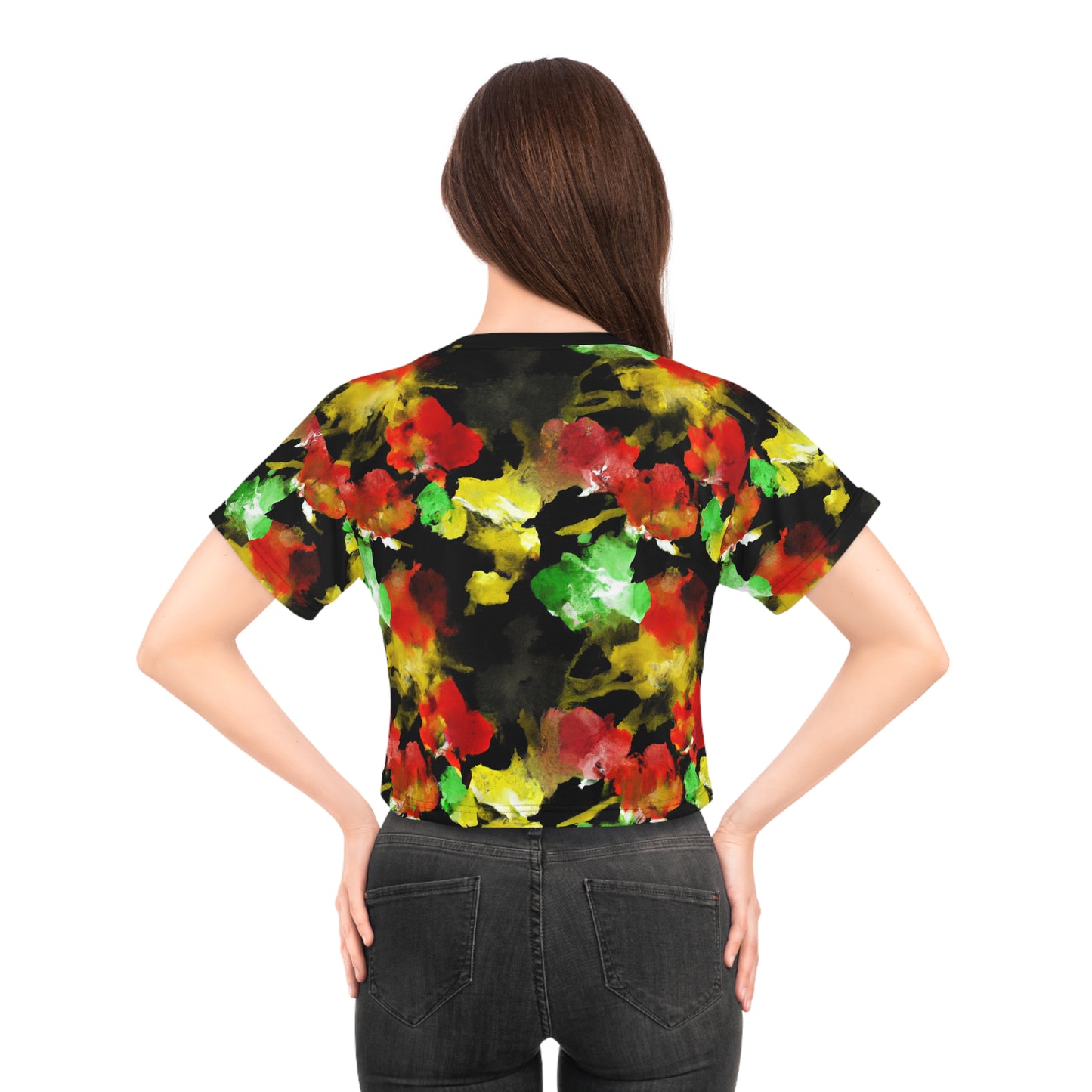 Floral Watercolor Black (RGYB) - AI Art - Crop Tee