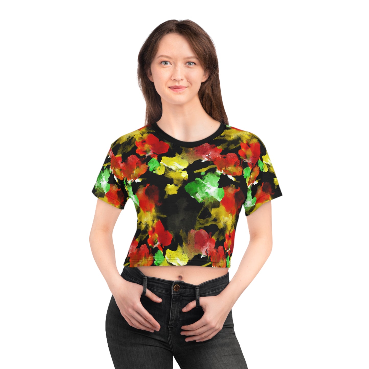 Floral Watercolor Black (RGYB) - AI Art - Crop Tee